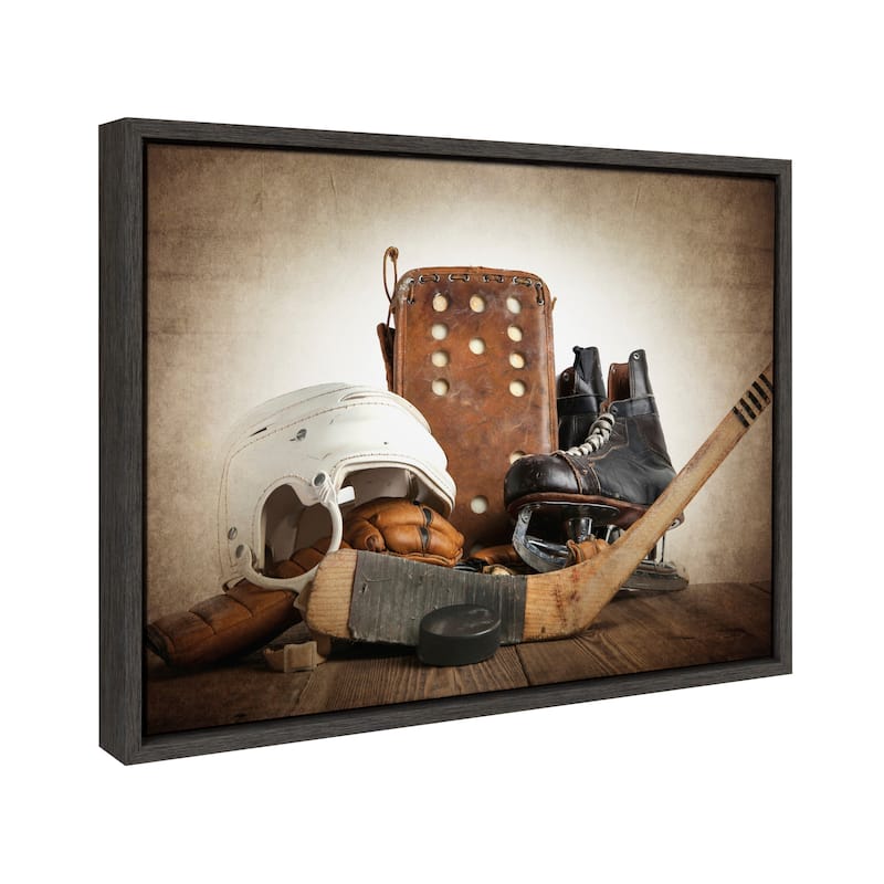 DesignOvation Sylvie Hockey Gear Framed Canvas by Shawn St. Peter