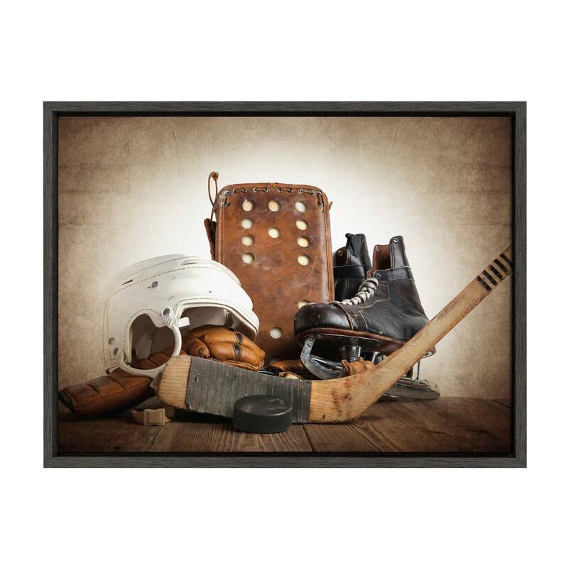 DesignOvation Sylvie Hockey Gear Framed Canvas by Shawn St. Peter - 18x24 - Plastic - Grey
