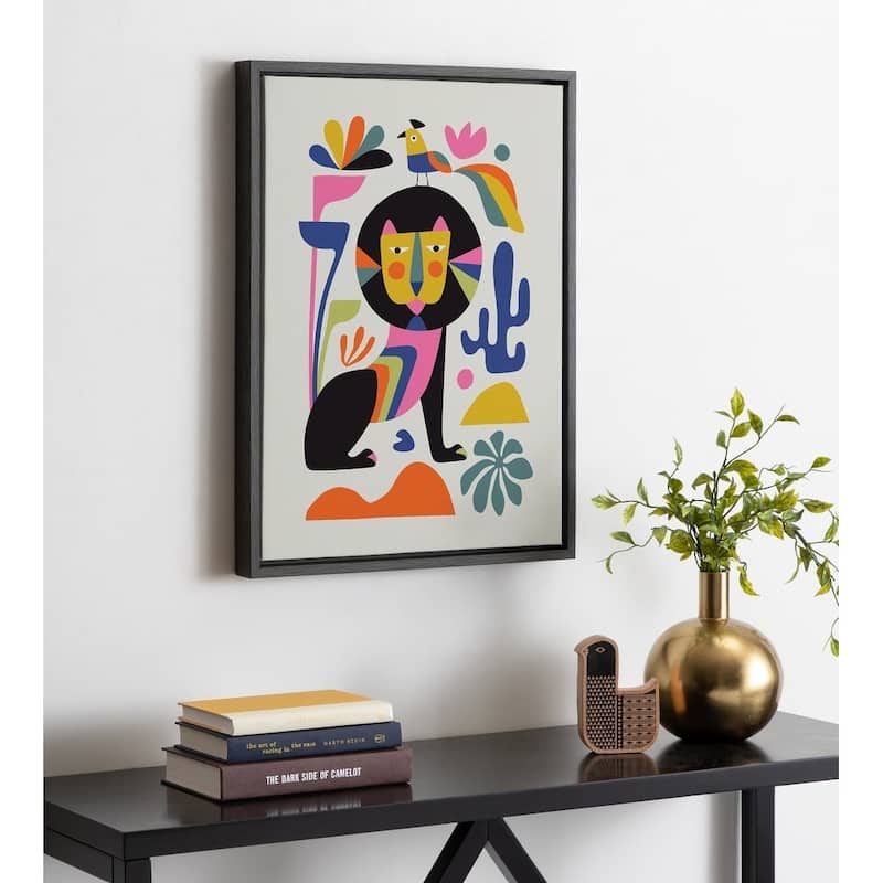Kate and Laurel Sylvie Black Lion Framed Canvas By Rachel Lee