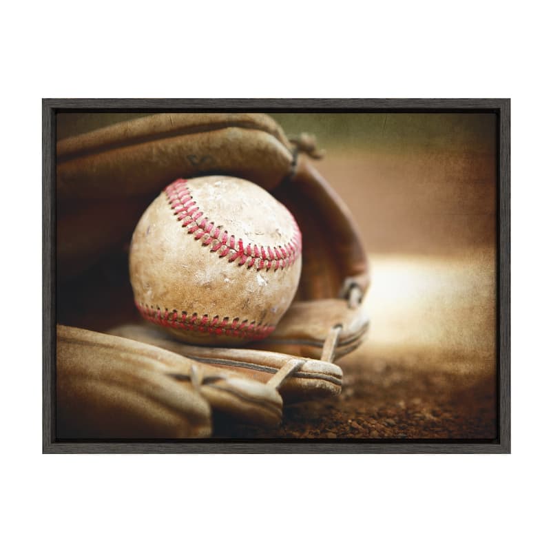 DesignOvation Sylvie Baseball Glove Framed Canvas by Shawn St. Peter - 18x24 - Plastic - Grey
