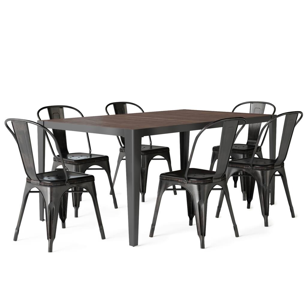 WYNDENHALL Freya SOLID WOOD 66 inch Wide Industrial II 7 Pc Dining Set with 6 Metal Dining Chairs in Distressed Blackand Copper