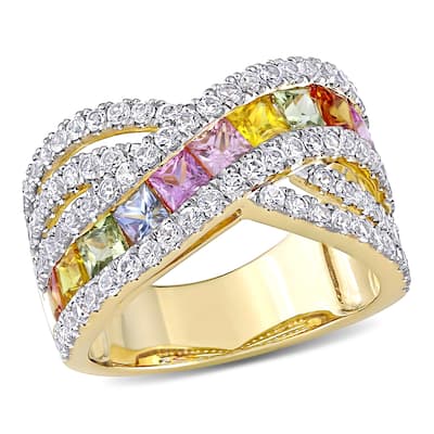 Square-Cut Multi-Color Sapphire Crossover Ring in 14k Yellow Gold by Miadora