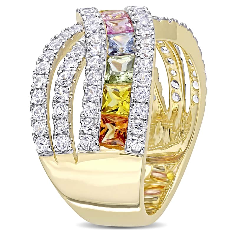 Square-Cut Multi-Color Sapphire Crossover Ring in 14k Yellow Gold by Miadora
