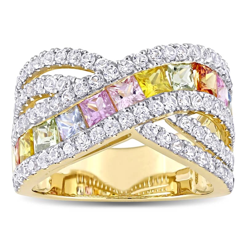 Square-Cut Multi-Color Sapphire Crossover Ring in 14k Yellow Gold by Miadora