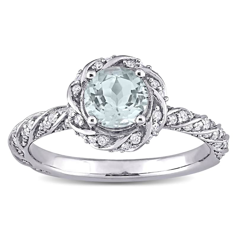 Miadora 14k White Gold Aquamarine 1/4ct TDW Diamond Swirl Halo Ring