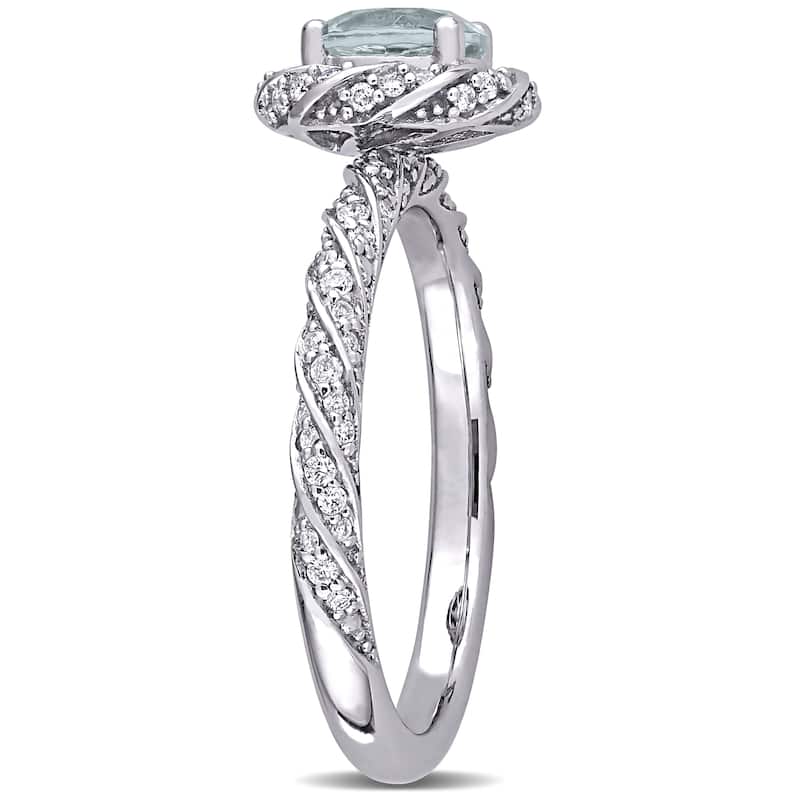 Miadora 14k White Gold Aquamarine 1/4ct TDW Diamond Swirl Halo Ring