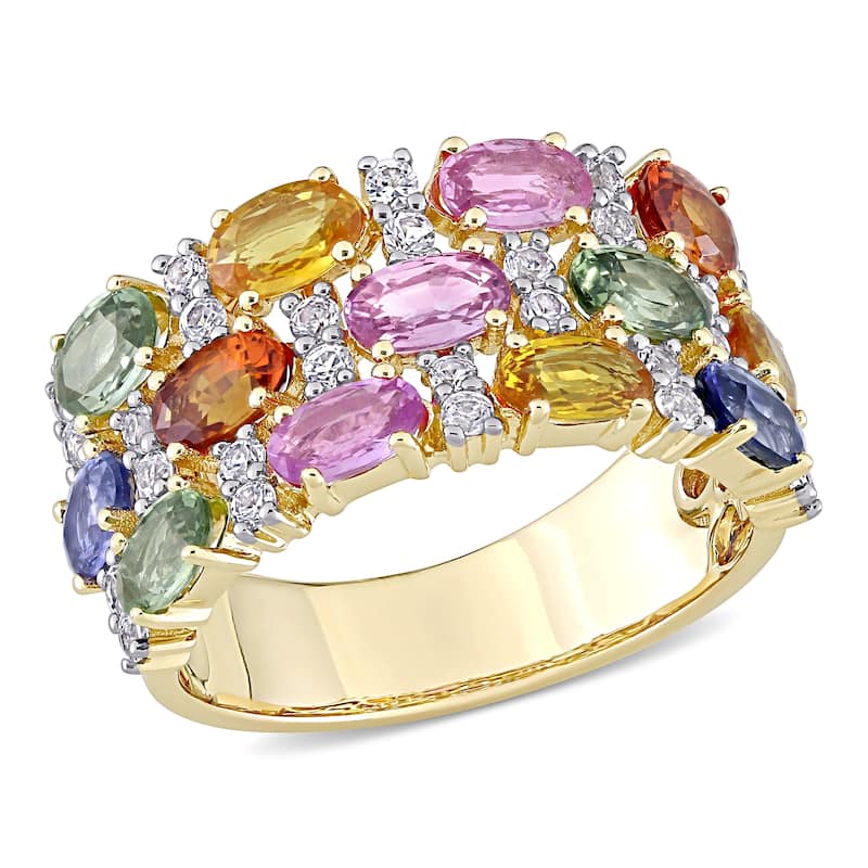 Miadora Oval-Cut Multi-Color Sapphire Semi-Eternity 3-Row Anniversary Band in 14k Yellow Gold