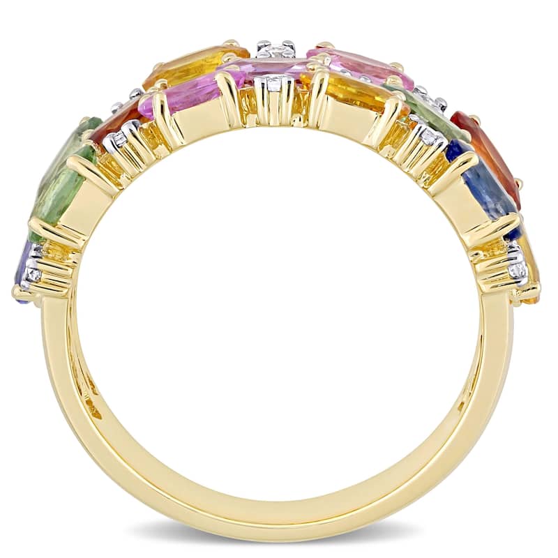 Oval-Cut Multi-Color Sapphire Semi-Eternity 3-Row Anniversary Band in 14k Yellow Gold by Miadora