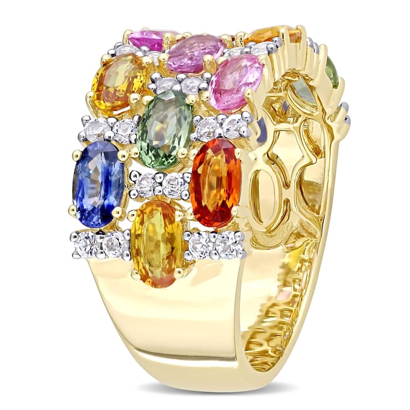 Oval-Cut Multi-Color Sapphire Semi-Eternity 3-Row Anniversary Band in 14k Yellow Gold by Miadora
