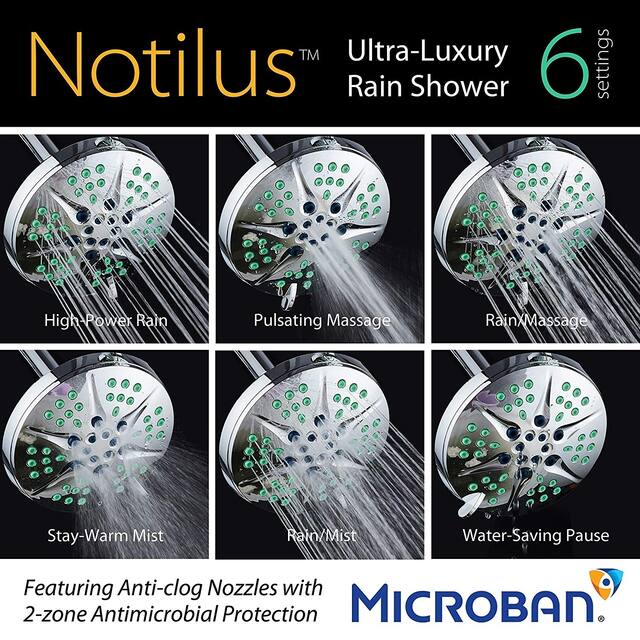 NOTILUS Antimicrobial 6-inch 6 Setting All Chrome Finish Shower Head