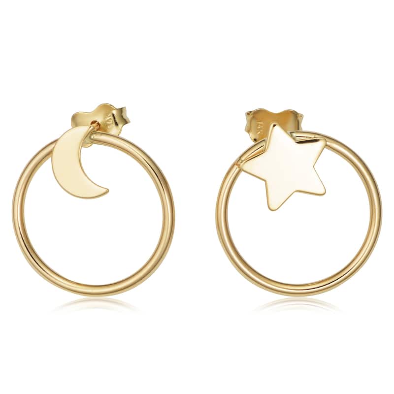 14k Yellow Gold Star and Moon Mismatched Asymmetrical Stud Earrings