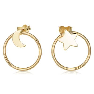 14k Yellow Gold Star and Moon Mismatched Asymmetrical Stud Earrings