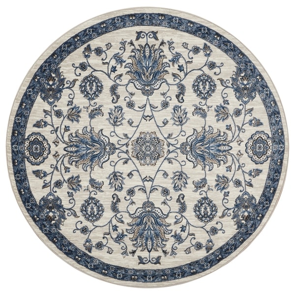 LR Home Traditional Blue and Cream Oriental Round Rug 6'2" Round - 6'2" Round