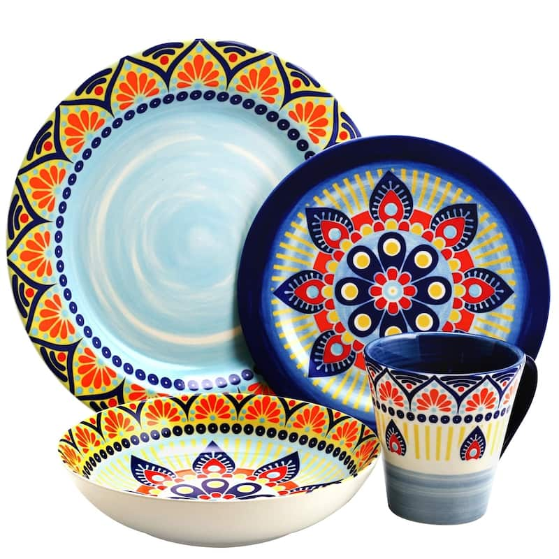 Elama Zen Blue Mozaik 16 Piece Round Stoneware Dinnerware Set