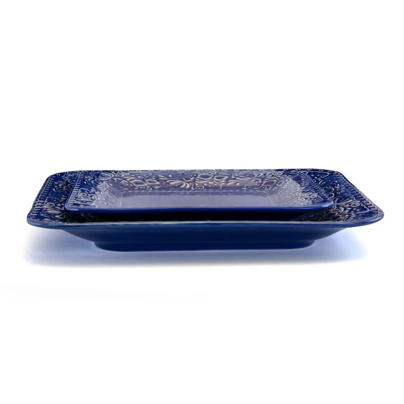 Elama Indigo Lotus 16 Piece Square Stoneware Dinnerware Set