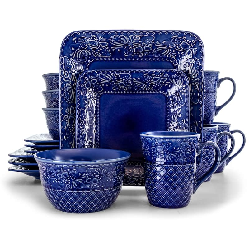 Elama Indigo Lotus 16 Piece Square Stoneware Dinnerware Set