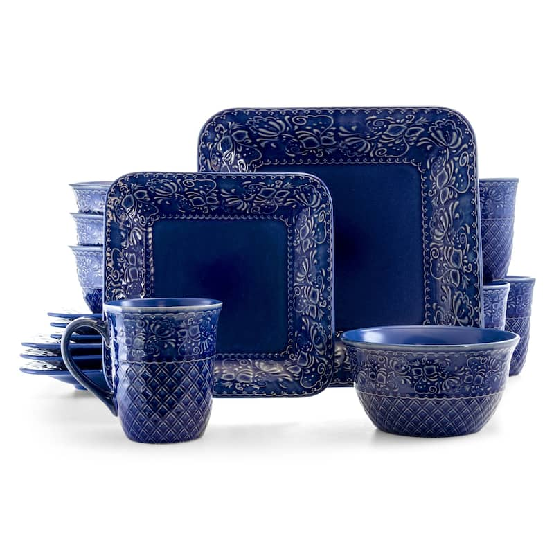 Elama Indigo Lotus 16 Piece Square Stoneware Dinnerware Set