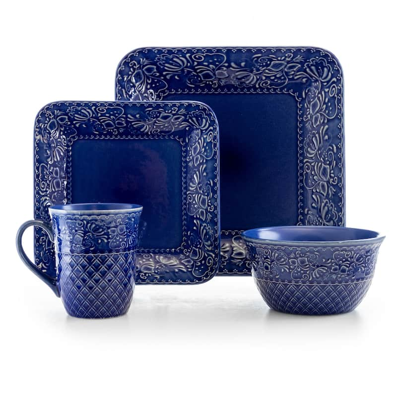 Elama Indigo Lotus 16 Piece Square Stoneware Dinnerware Set