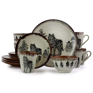 Elama Majestic Wolf 16 Piece Round Stoneware Dinnerware Set In Taupe 