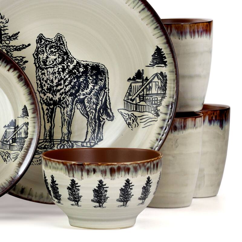 Elama Majestic Wolf 16 Piece Round Stoneware Dinnerware Set in Taupe