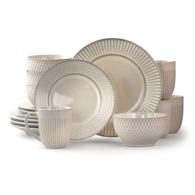 Elama Market Finds 16 Piece Stoneware Dinnerware Set in Embossed White