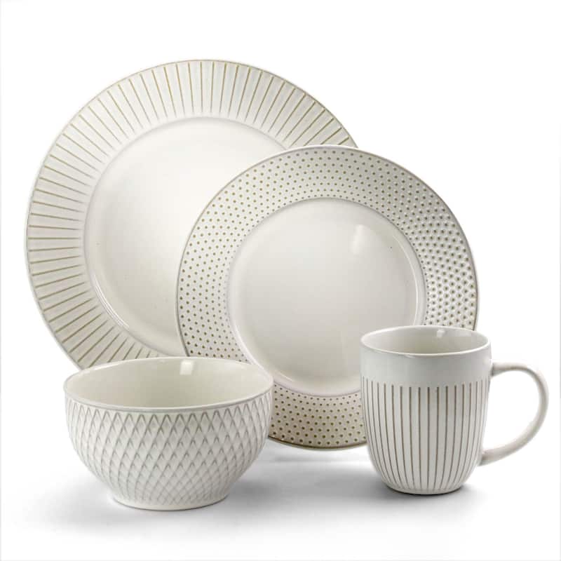 Elama Market Finds 16 Piece Stoneware Dinnerware Set in Embossed White