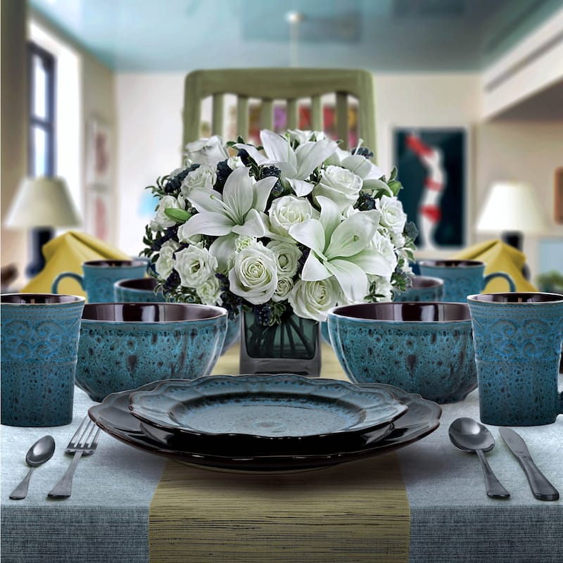Elama Lavish Blue 16 Piece Round Stoneware Dinnerware Set in Blue