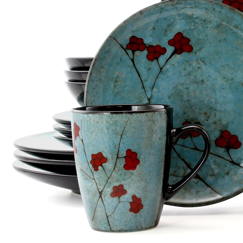 Elama Floral Accents 16 Piece Stoneware Dinnerware Set in Blue