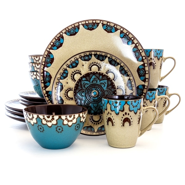 Elama Clay Hart 16 Piece Stoneware Dinnerware Set in Tan and Blue