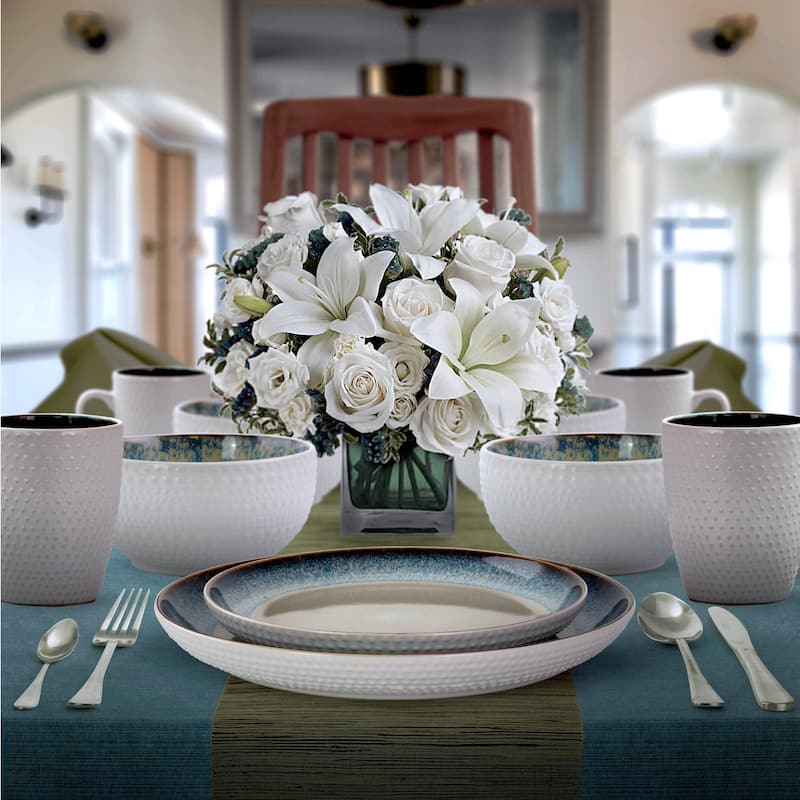 Elama Modern Dot 16 Piece Stoneware Dinnerware Set in Taupe