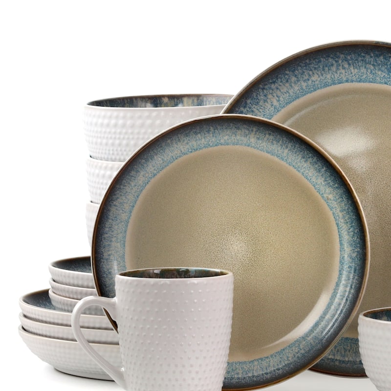 Elama Modern Dot 16 Piece Stoneware Dinnerware Set in Taupe
