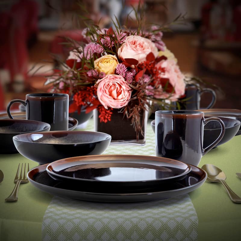 Elama Midnight Beach 16 Piece Round Stoneware Dinnerware Set in Black