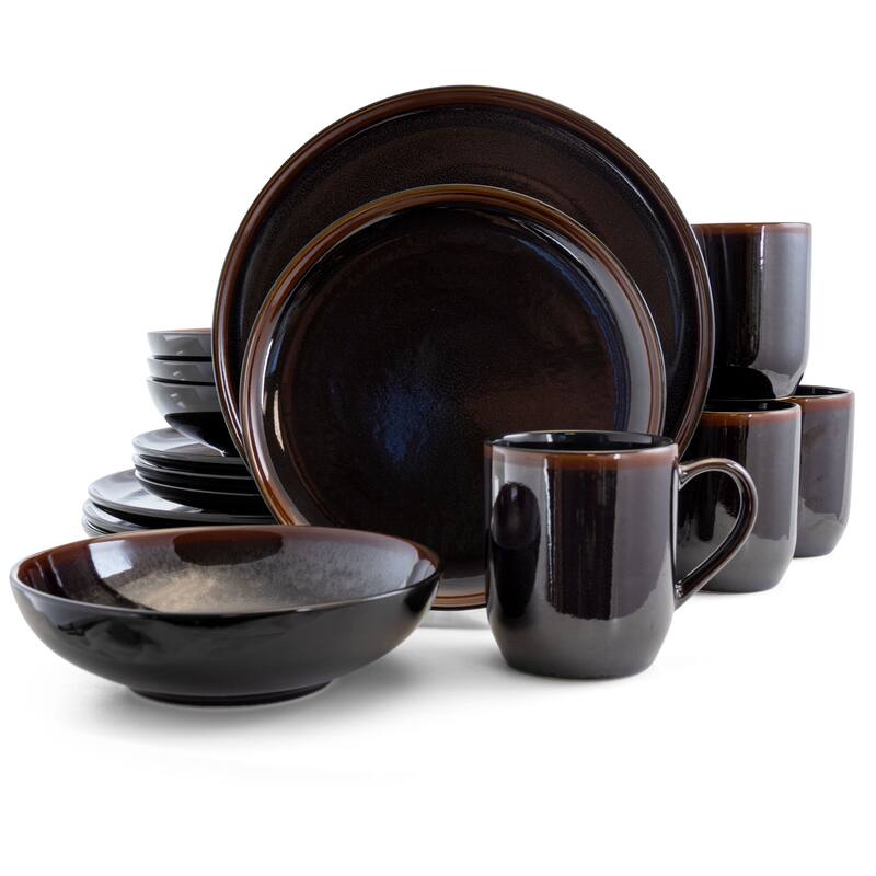 Elama Midnight Beach 16 Piece Round Stoneware Dinnerware Set in Black