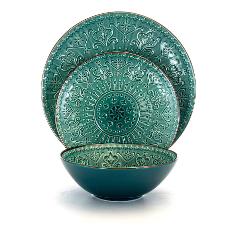 Elama Sea Foam Mozaic 16 Piece Round Stoneware Dinnerware Set in Green