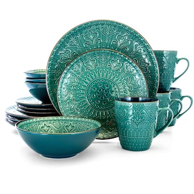 Elama Sea Foam Mozaic 16 Piece Round Stoneware Dinnerware Set in Green