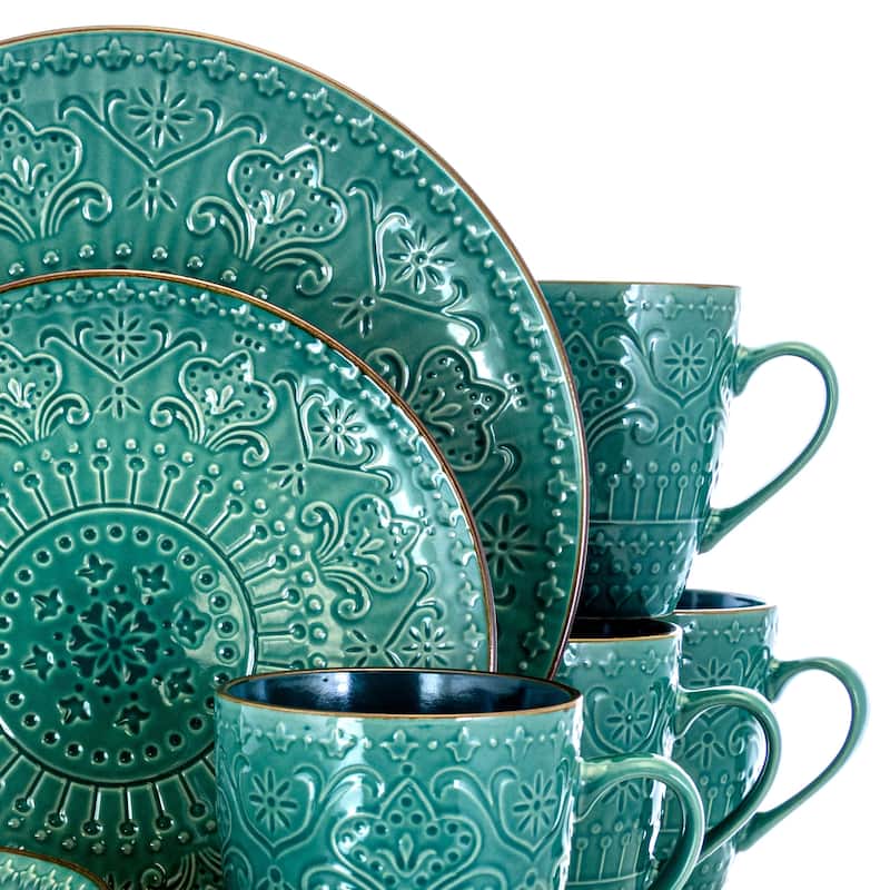 Elama Sea Foam Mozaic 16 Piece Round Stoneware Dinnerware Set in Green