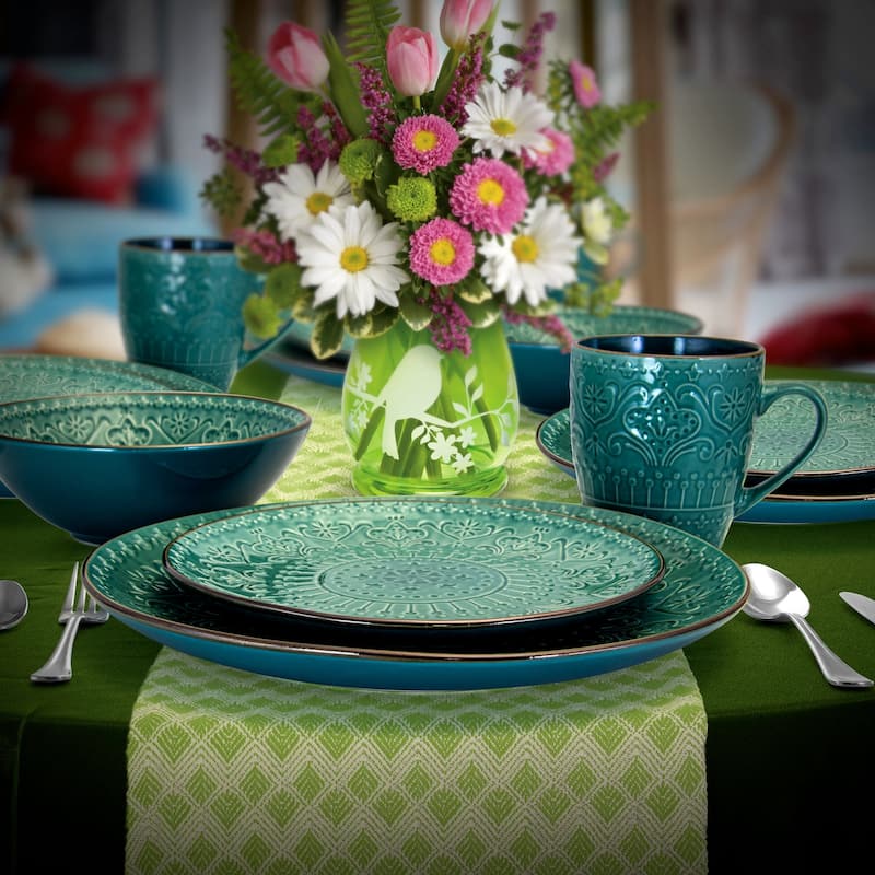 Elama Sea Foam Mozaic 16 Piece Round Stoneware Dinnerware Set in Green