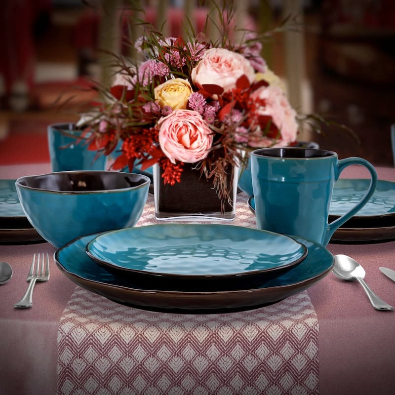 Elama Sea Glass 16 Piece Round Stoneware Dinnerware Set in Turquoise