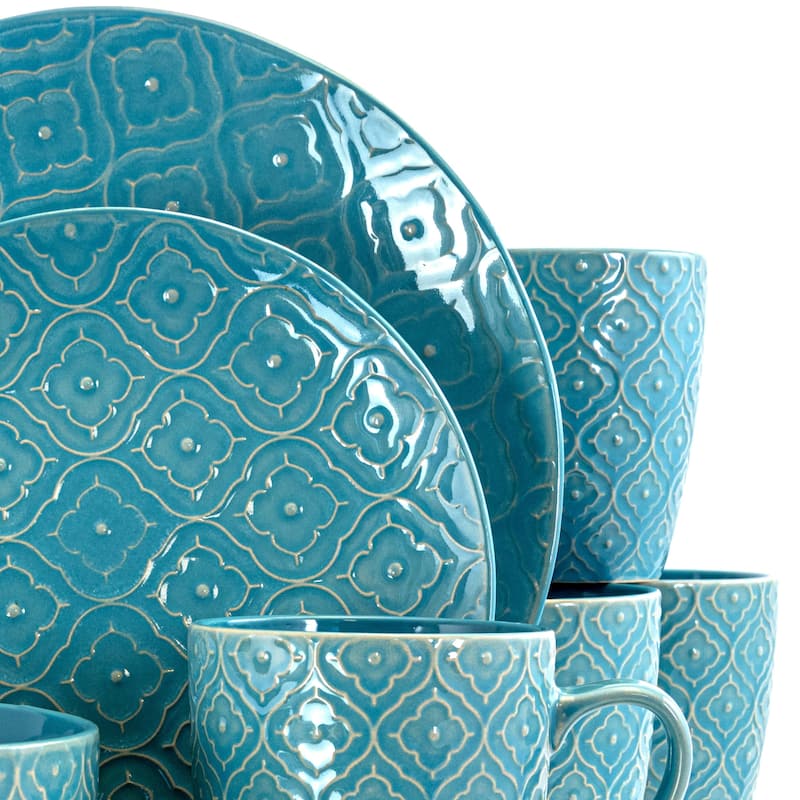 Elama Aqua Lilly 16 Piece Round Stoneware Dinnerware Set in Aqua