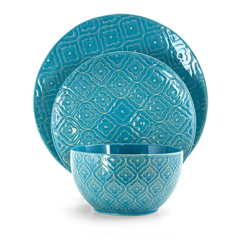 Elama Aqua Lilly 16 Piece Round Stoneware Dinnerware Set in Aqua