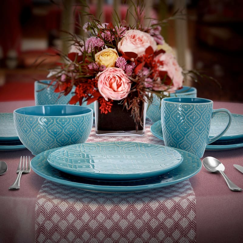 Elama Aqua Lilly 16 Piece Round Stoneware Dinnerware Set in Aqua