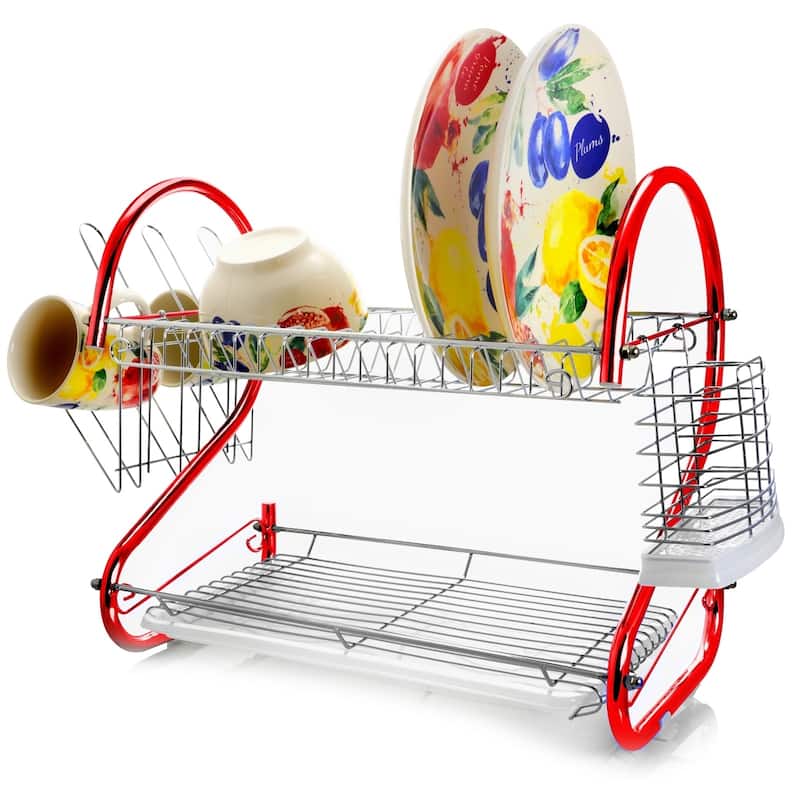 MegaChef 16 Inch Two Shelf Dish Rack in Red