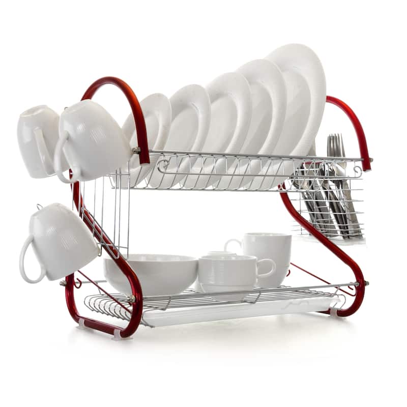 MegaChef 16 Inch Two Shelf Dish Rack in Red