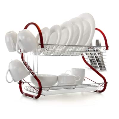 MegaChef 16 Inch Two Shelf Dish Rack in Red