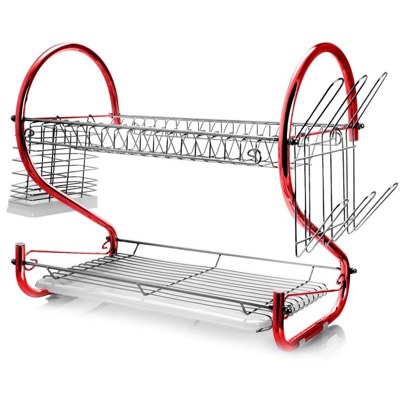 MegaChef 16 Inch Two Shelf Dish Rack in Red