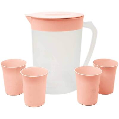 Set of Plastic Pitcher Beverage Water Jug with 4 Nesting Plastic Cups Leak Proof Spill Proof Lid