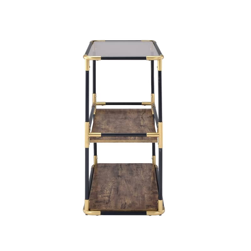 Rechange Glass Top Console Table Metal Tubular Framing and Wooden Shelves, Black and Brown
