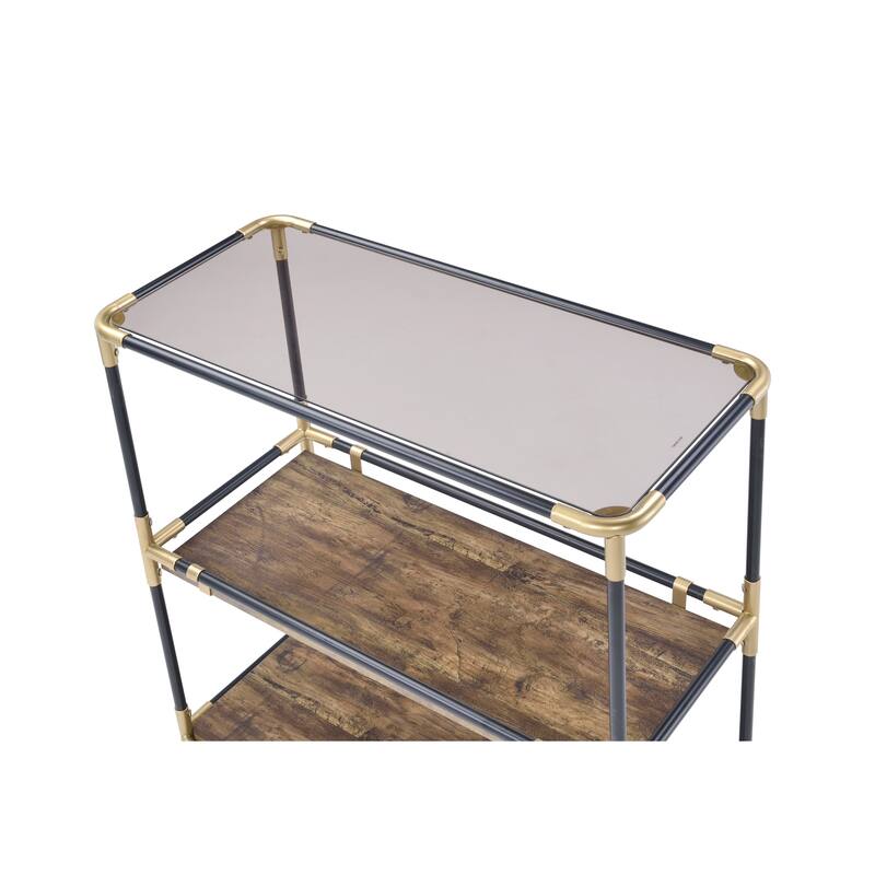 Rechange Glass Top Console Table Metal Tubular Framing and Wooden Shelves, Black and Brown