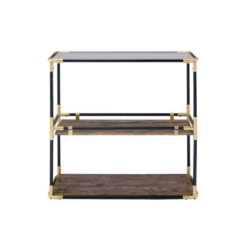 Rechange Glass Top Console Table Metal Tubular Framing and Wooden Shelves, Black and Brown