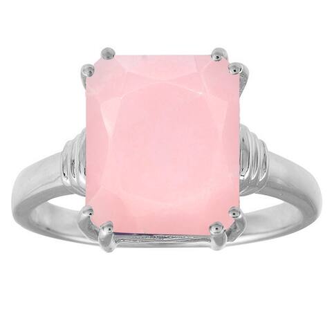Sterling Silver with Natural Pink Opal Emerald Cut Solitaire Ring